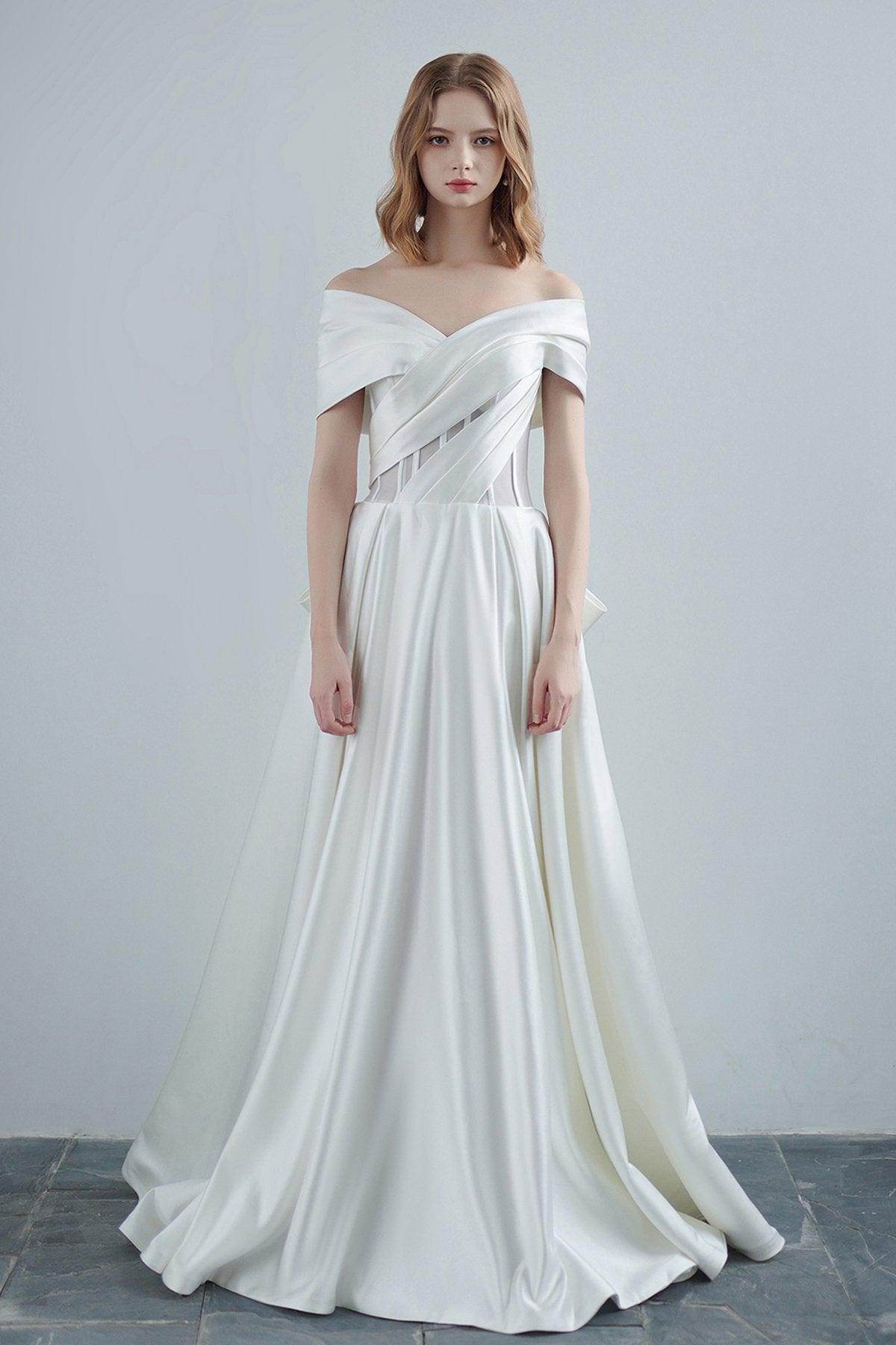 A-Line Sweep-Brush Train Satin Wedding Dress CW3208 - COCOMELODY